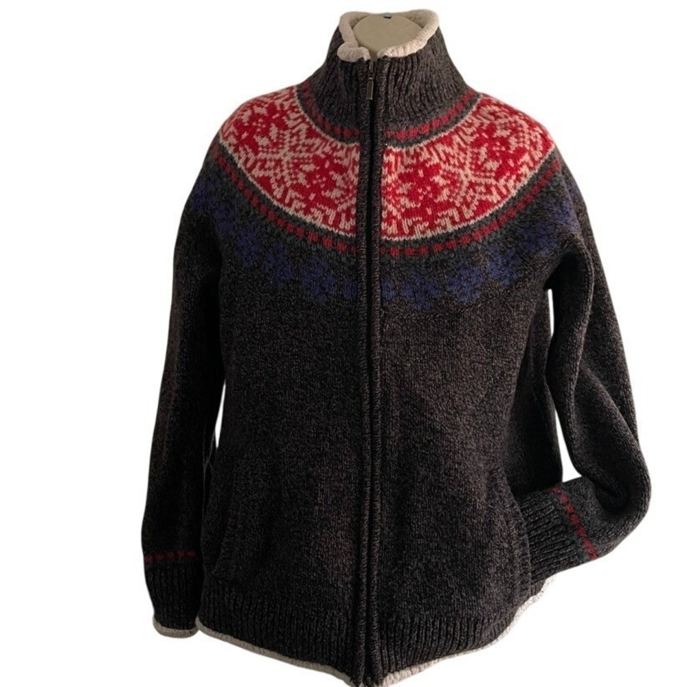 L.L. Bean 100% Lambswool Fair Isle Sweater Jacket Sherpa Lined Zip Women's L